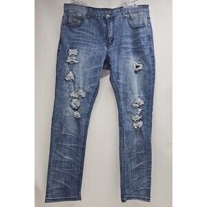 Grindhouse Denim Jeans 36 Distressed Frayed Y2K Film Patch Streetwear Rugged